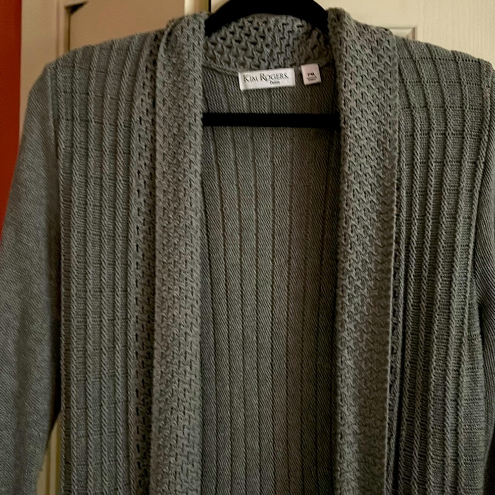 Kim Rogers, sweater, gray and color says p.m. I’m thinking petite medium